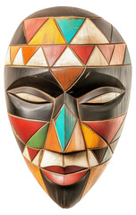 Colorful handcrafted mask with geometric patterns isolated on transparent background.