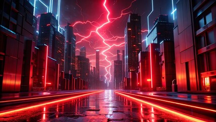 Poster - Vibrant Red Neon Animation Lights, Dynamic Night Cityscape, Rule of Thirds Composition