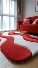Poster - A shaggy carpet featuring bold red and white wavy patterns lays on a wooden floor. A stylish red sofa with cushions complements the vibrant design near large windows, allowing natural light
