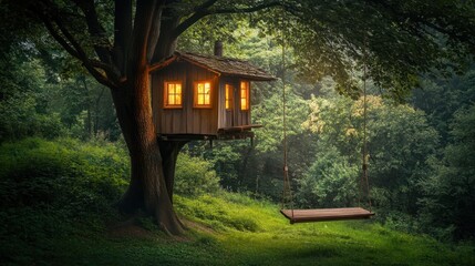 Wall Mural - A charming treehouse with a wooden swing beneath, nestled in a vibrant green forest, glowing windows hinting at hidden stories