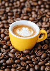 Wall Mural - Cappuccino in a yellow cup on coffee beans backdrop, use cafe menu, beverage promotions