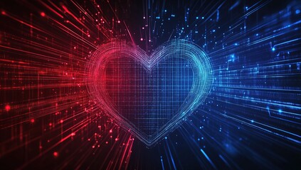 Poster - Digital Heart: Exploring the Abstract Representation of Love in Cyberspace with Glowing Lines and Network Connections.