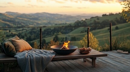 Sticker - A cozy hilltop balcony with a small fire bowl flickering and a blanket-draped bench set against rolling green landscapes