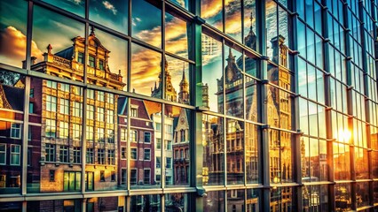 Poster - Vintage Cityscape Reflections: Panoramic Building Glass Reflections