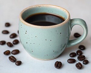 Wall Mural - Black coffee in mug with beans on marble for a morning boost