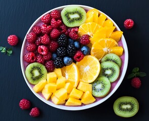 Canvas Print - Berry, kiwi, orange slices atop smoothie bowl on dark surface for ads, websites, blogs