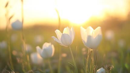 Poster - Delicate White Tulips Bathed in Soft Sunrise Light in Spring Garden : Generative AI