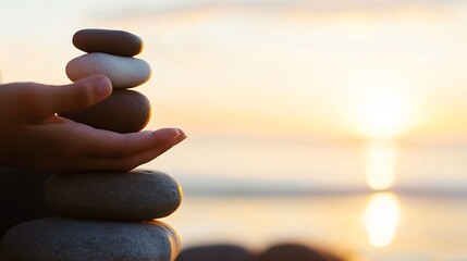 Poster - Balanced Stacked Stones on Hand Against Sunset Background for Mindfulness and Meditation : Generative AI