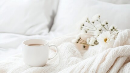Poster - Cozy Morning Scene with Cup of Coffee Relaxing on Soft Blanket and Flowers Perfect for Home Decor : Generative AI