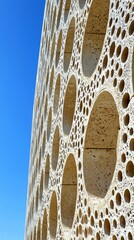 Poster - A striking modern building features a wall adorned with unique perforated patterns that create a dynamic visual effect. The clear blue sky provides a vivid backdrop, enhancing the design's creativity