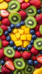 Canvas Print - Assorted fresh fruit display background. Dietary info or smoothie recipes illustration usage