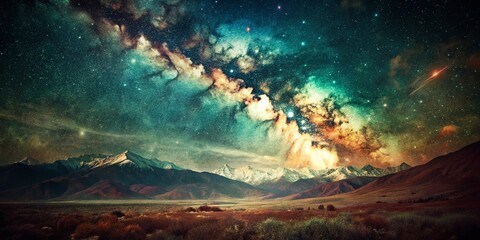 Wall Mural - Vintage Starry Night Landscape: Majestic Mountains & Rolling Hills