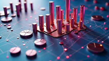 Poster - 3D infographic with shiny neon graphs, bars and pie charts. Abstract business concept