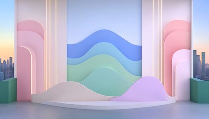 Sticker - Abstract stage with wavy layers; empty set for presentation/product placement, city background visible