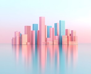 Poster - Abstract cityscape in pastel colors reflecting on calm water, evoking tranquility and modernity