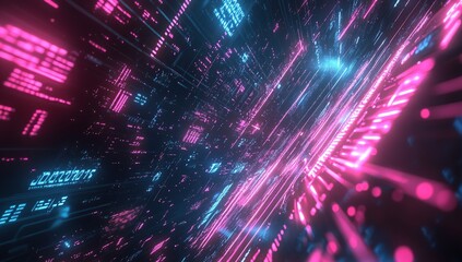 Poster - Digital Data Streams: Neon Glow, Futuristic Technology, Abstract Cyberpunk,  Cybernetic Grid, Binary Code,  Flowing Information
