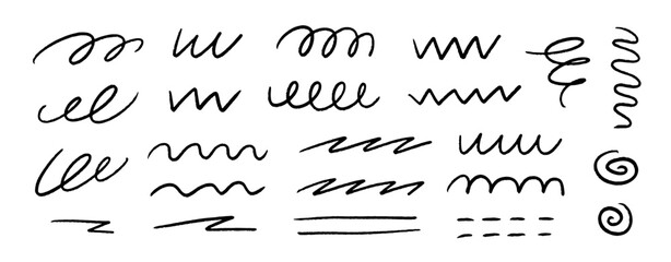 Poster - Black squiggle brush stroke set. Scribbled wiggle stripes and lines collection. Hand drawn pen or pencil curly brushstrokes. Grunge charcoal swirls, waves and spirals for decoration, emphasis. Vector
