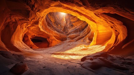 Poster - A dramatic cave entrance where light pierces through cracks in the stone, casting surreal patterns in the surrounding darkness.