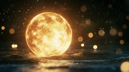 Poster - a glowing mystical sphere radiating ethereal light, floating in a darkened, enchanted space filled w