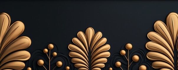 Poster - Wedding invitations luxury embossed concept. Elegant gold leaf design on a dark background, featuring intricate floral motifs and rounded shapes.
