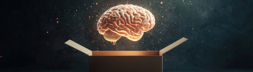 An imaginative depiction of a human brain emerging from an open box, symbolizing creativity, intelligence, and the unlocking of potential.