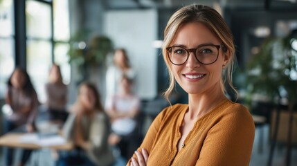 Aufkleber - A successful businesswoman stands confidently in a stylish office, engaging with her team. Her warm smile and glasses reflect her leadership as colleagues listen intently