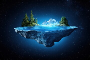 Poster - Floating island in starry cosmic sky nature scene surreal landscape mystical atmosphere aerial view