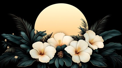 Wall Mural - Elegant White Hibiscus Blooms Dark Tropical Leaves Soft Golden Moon Light. AI Generated