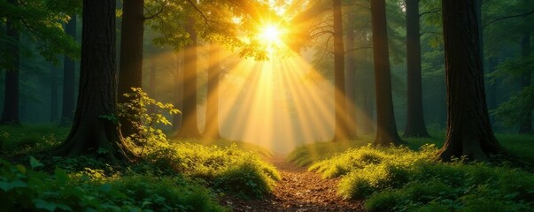 Wall Mural - A tranquil forest glade bathed in warm golden light, forest, serene