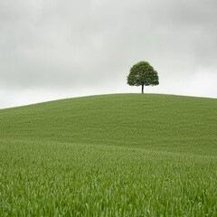 Wall Mural - Isolated tree on a green hill under a cloudy sky, symbolizing solitude and nature