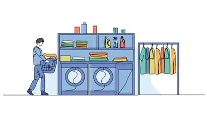 Wall Mural - Vector illustration of laundry activity working. Modern flat in continuous line style.