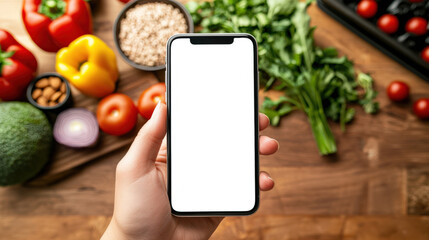 A woman holds a mobile phone with an empty white screen in her hand against the background of a table with ingredients for cooking a delicious vegan dish. Phone mockup. Diet compliance