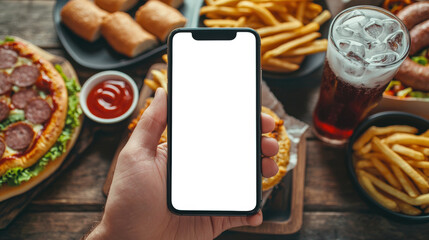 Wall Mural - A man with a mobile phone in his hand is sitting in front of a table filled with delicious food in a fast food cafe. Phone mockup. There's a pizza, a sandwich, a bowl of French fries