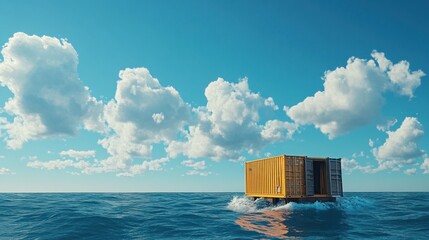 Wall Mural - A shipping container floats on calm ocean waters under a bright blue sky with clouds.