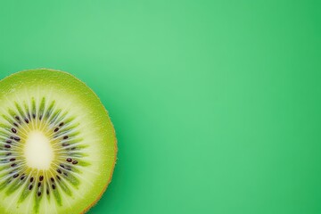 Poster - A Slice of Kiwi Fruit on Light Green Background with Seeds and Juicy Texture