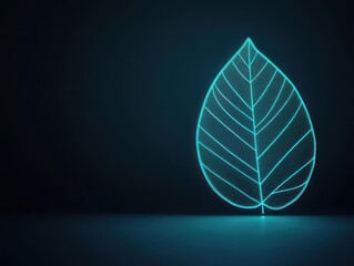 Poster - Abstract Blue Glowing Digital Leaf Structure on Dark Reflective Surface