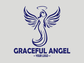 elegant angel line art vector illustration, graceful dark blue illustration of an angel with flowing