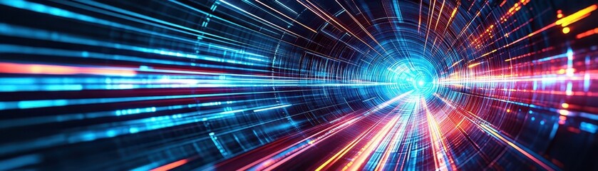 Poster - Abstract Data Tunnel with Blue and Red Light Streaks for Digital Backgrounds