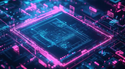 Leinwandbilder - Abstract Futuristic Microchip Circuit Board with Pink and Blue Neon Glow Design