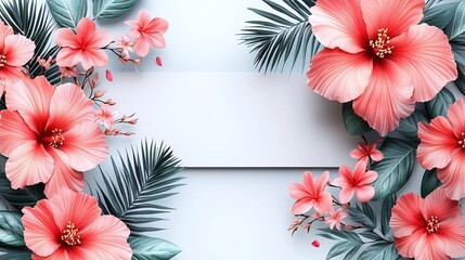 Wall Mural - Vibrant coral hibiscus flowers elegantly frame a pristine white background creating a serene summer mood. AI Generated