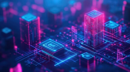 Fototapete - Abstract Glowing Cityscape with Cyberpunk Aesthetic in Blue and Pink Lighting