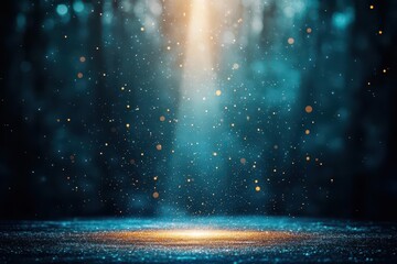 Poster - Abstract Golden Glitter Sparkle on Blue Background with Bokeh Light Effect