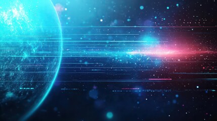 Poster - Abstract Space Background with Vibrant Blue Planet and Geometric Light Streaks