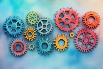 Aufkleber - Arrangement of Gears in Blue Orange and Red on a Soft Textured Background