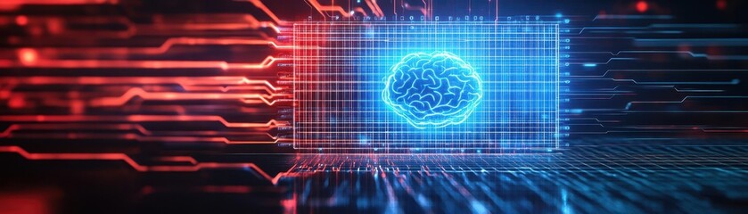 Leinwandbilder - Blue Artificial Intelligence Brain with Red Technological Circuit Background
