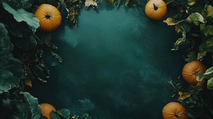 Wall Mural - A serene arrangement of pumpkins surrounded by lush green leaves on a dark background.