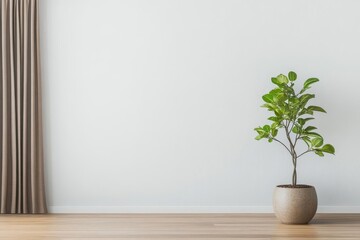 Poster - Bright Interior with Green Plant in a Pot and Beige Curtain on Wooden Floor