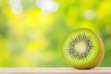 Poster - Bright Kiwi Slice Displayed on Wooden Surface Against a Sunny Green Backdrop