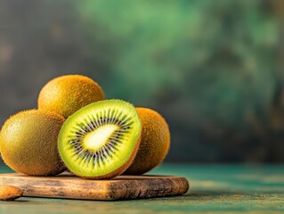 Poster - Close Up of Fresh Kiwi Fruits on Rustic Wood with Green Mottled Background