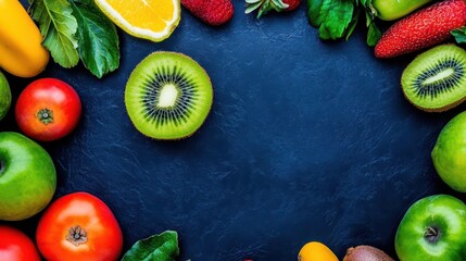 Poster - Colorful Assortment of Fresh Fruits and Vegetables on a Dark Textured Background